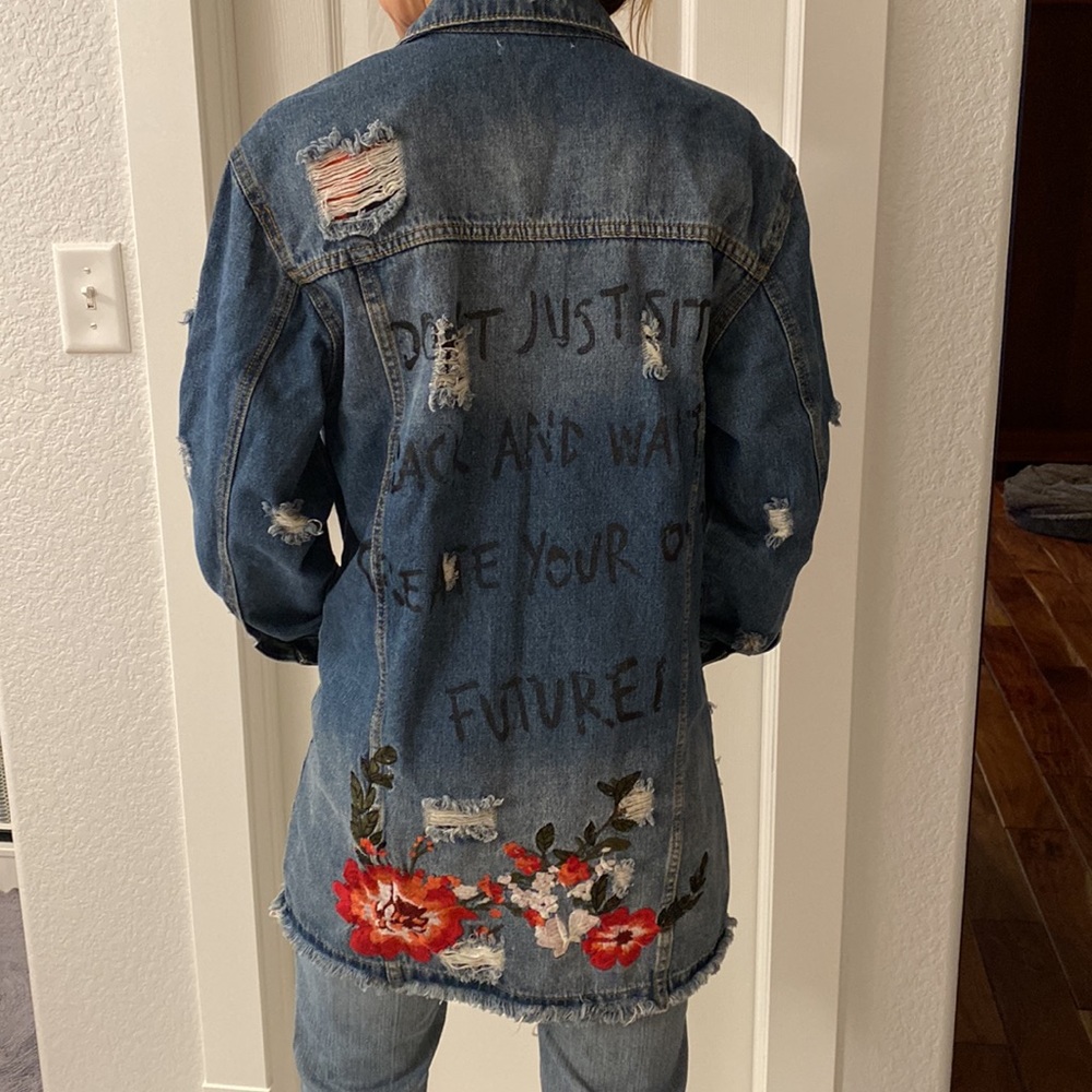 Fanco Long Distressed Denim Jacket with Graffiti & Embroidered Floral Detail
